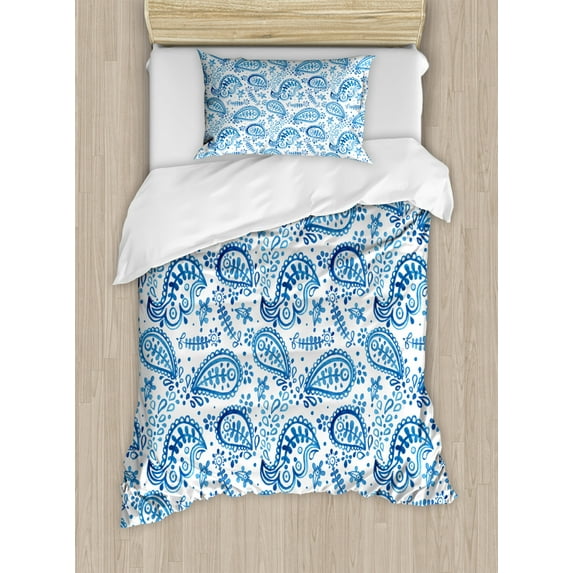 Paisley Duvet Cover Set, Mediterrian Themed Design with Water Color Hand Drawn Flowers and Leaves Print, Decorative 2 Piece Bedding Set with 1 Pillow Shams, Twin Size, White and Blue, by Ambesonne