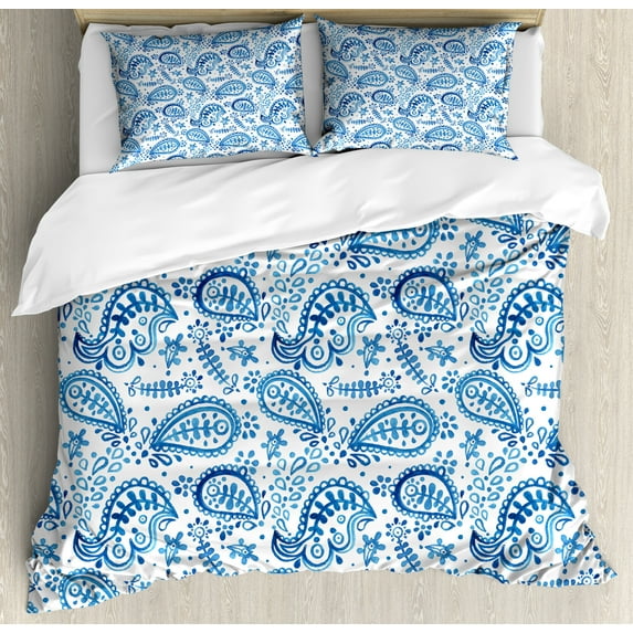 Paisley Duvet Cover Set, Mediterrian Themed Design with Water Color Hand Drawn Flowers and Leaves Print, Decorative 3 Piece Bedding Set with 2 Pillow Shams, Queen Size, White and Blue, by Ambesonne