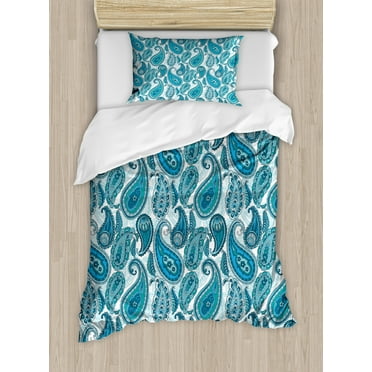 Paisley Duvet Cover Set, Ocean Inspired Design with Stripes and Flowers Abstract Background Image Print, Decorative 2 Piece Bedding Set with 1 Pillow Shams, Twin Size, Blue and White, by Ambesonne