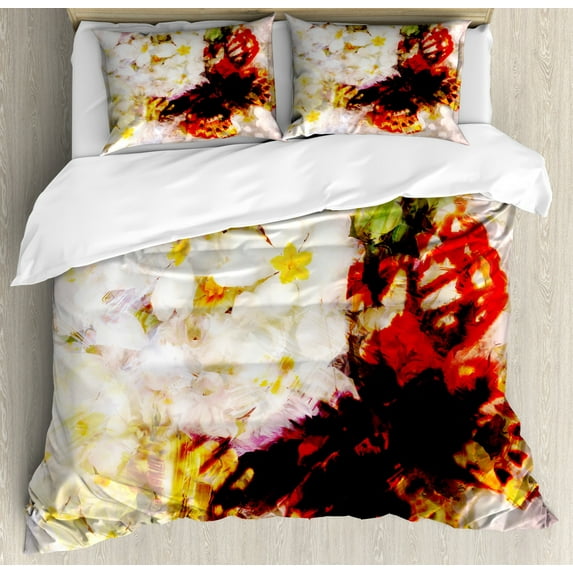 Paisley Duvet Cover Set Queen Size, Fresh Flower Garden with Orchids Roses Jasmines and Butterflies in Abstract Design, Decorative 3 Piece Bedding Set with 2 Pillow Shams, Multicolor, by Ambesonne