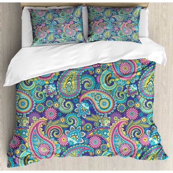 Paisley Duvet Cover Set Queen Size, Ornate Traditional Paisley Elements with Ethnic Details in Bohemian Design Print, Decorative 3 Piece Bedding Set with 2 Pillow Shams, Multicolor, by Ambesonne