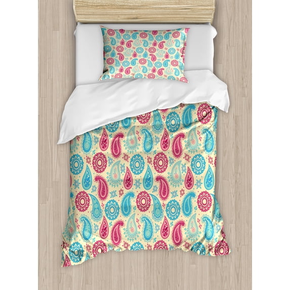 Paisley Duvet Cover Set, Retro Style Patterns and Flowers in Design Detailed Print, Decorative 2 Piece Bedding Set with 1 Pillow Shams, Twin Size, Turquoise Pink Cream, by Ambesonne
