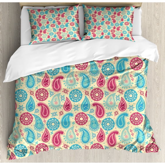 Paisley Duvet Cover Set, Retro Style Patterns and Flowers in Design Detailed Print, Decorative 3 Piece Bedding Set with 2 Pillow Shams, Queen Size, Turquoise Pink Cream, by Ambesonne