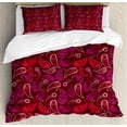 thumbnail image 1 of Paisley Duvet Cover Set, Rhythmic Drop Shaped Motifs on Dark Tone Background Illustration, Decorative 3 Piece Bedding Set with 2 Pillow Shams, King Size, Dark Maroon Pastel Pink, by Ambesonne, 1 of 3