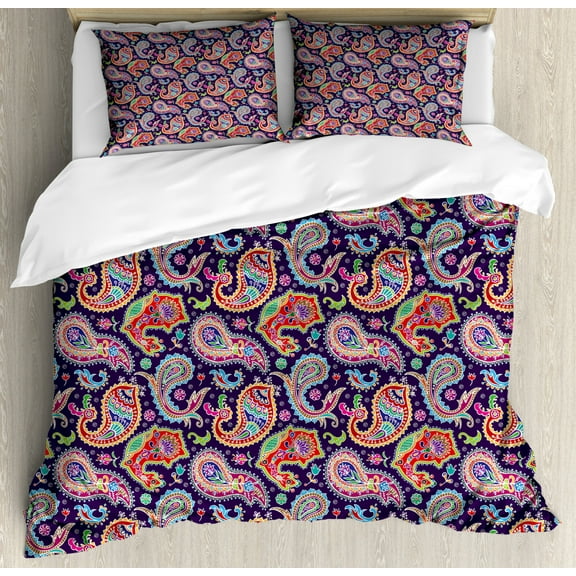 Paisley Duvet Cover Set, Sixties and Seventies Hippie Themed Motives Geometrical and Floral Design Image Print, Decorative 3 Piece Bedding Set with 2 Pillow Shams, Queen Size, Purple, by Ambesonne