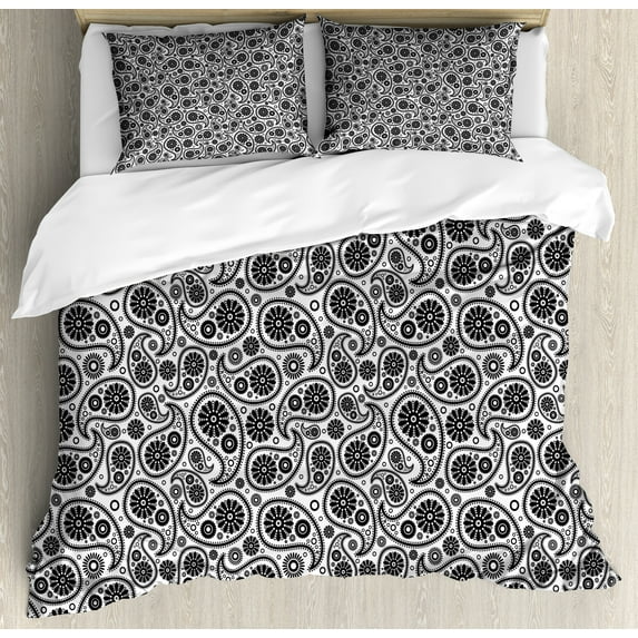 Paisley Duvet Cover Set, Sixties Themed Design with Floral Geometrical Details Circle Backgrounded, Decorative 3 Piece Bedding Set with 2 Pillow Shams, Queen Size, Black and White, by Ambesonne