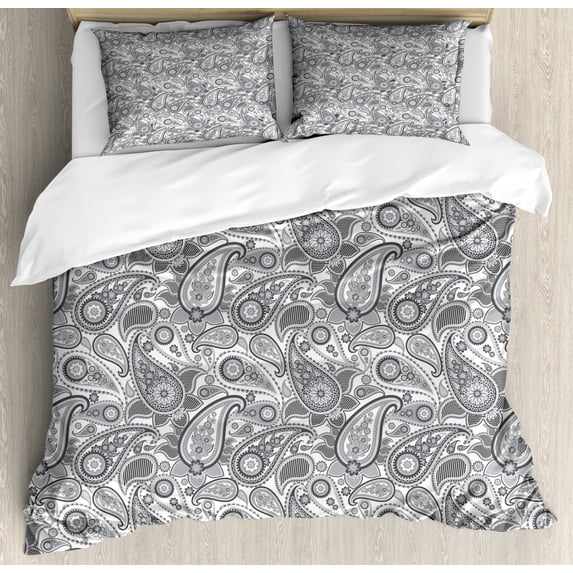 Paisley Duvet Cover Set, Soft Digital Traditional Persian Ornate Leaf with Stripes Tracery Image, Decorative 3 Piece Bedding Set with 2 Pillow Shams, King Size, Grey and White, by Ambesonne