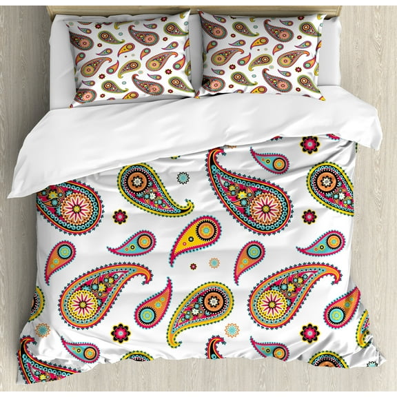Paisley Duvet Cover Set, Vintage Persian Paisley Patterns on Plain Background with Inspired Hippie, Decorative 3 Piece Bedding Set with 2 Pillow Shams, Calking Size, Multicolor, by Ambesonne