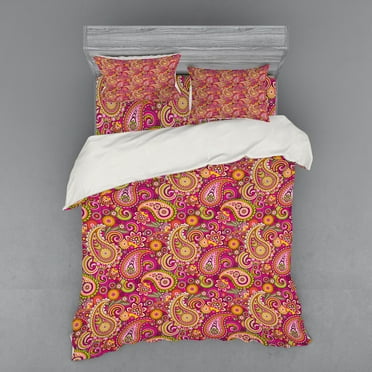 Paisley Duvet Cover Set, Vivid Design with Flowers Dots Leaves and Ornamental Patterns Artwork Print, Bedding Set with Shams and Fitted Sheet, 3 Sizes, by Ambesonne