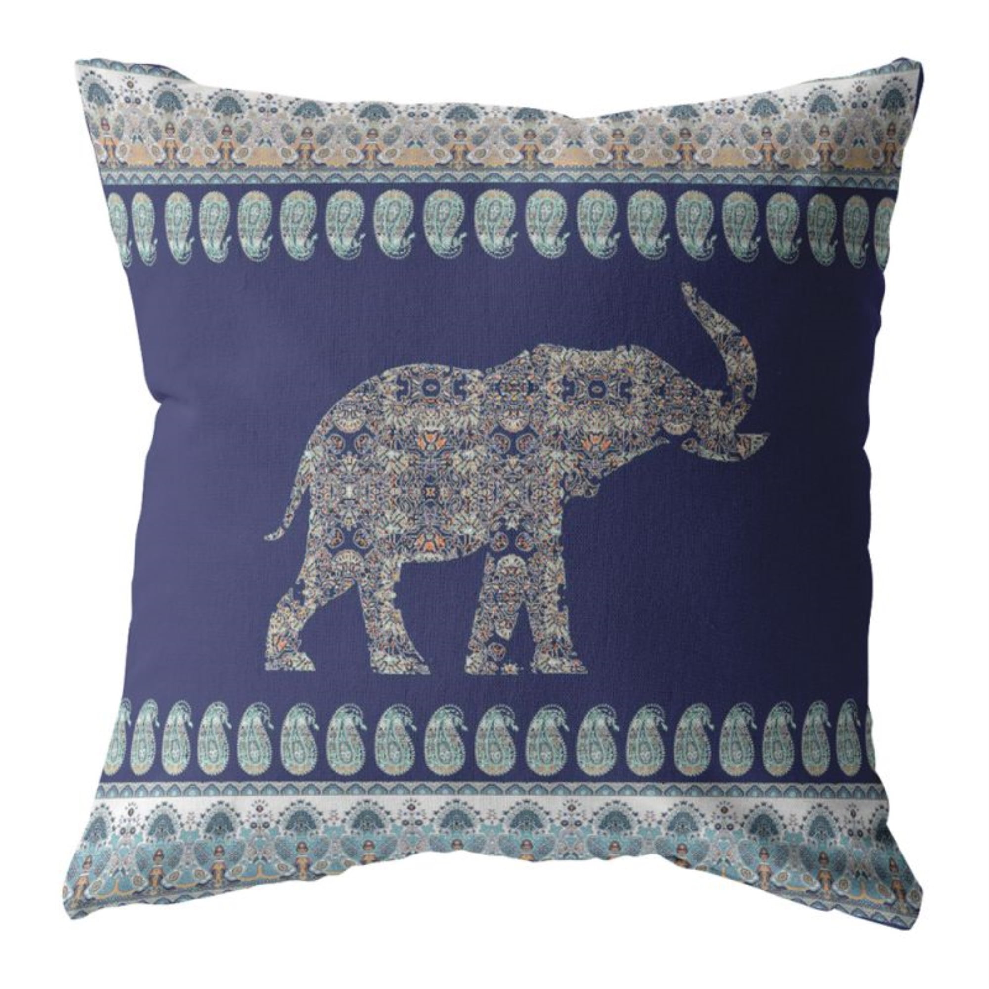 Navy Paisley Elephant Faux Suede Throw Pillow 16x16