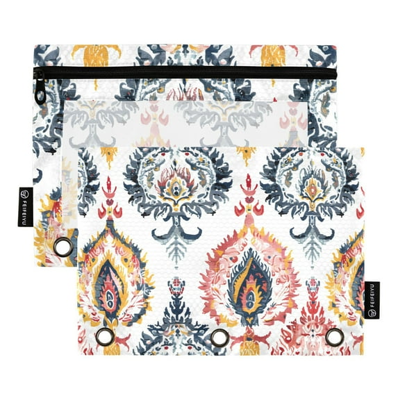 Paisley Embroidery Floral Flower 2 Pack Pencil Pouch for 3 Ring Binder Smooth Zipper Folders with Pockets Clear Window Pencil Case