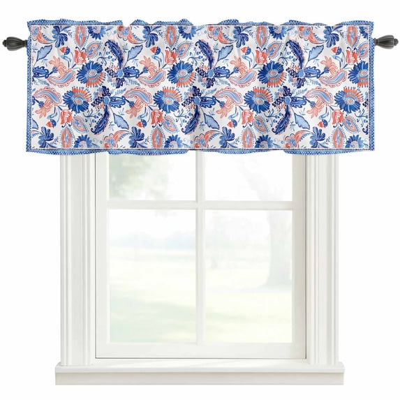 Paisley Ethnic Style Window Valance Curtain Blue Vintage Floral Rod Pocket Short Curtain for Living Room, Bedroom & Kitchen Window Decor 54x18in