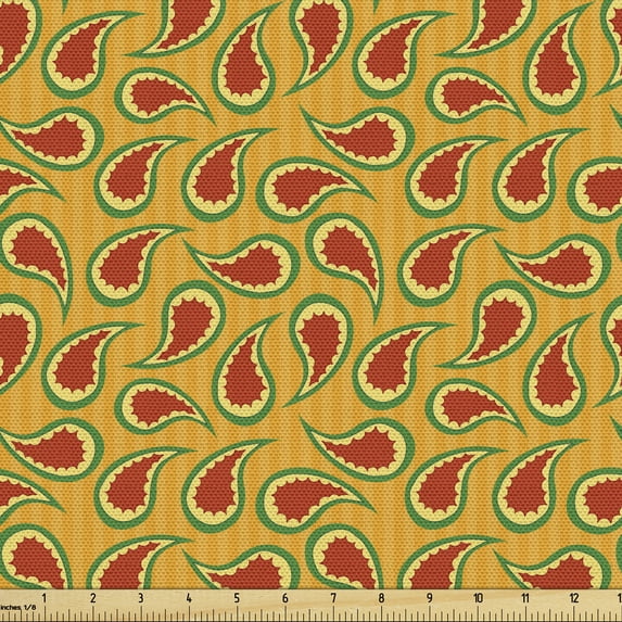 Paisley Fabric by the Yard, Abstract Eastern Motifs Striped Background, Decorative Upholstery Fabric for Chairs & Home Accents, Vermilion Earth Yellow by Ambesonne