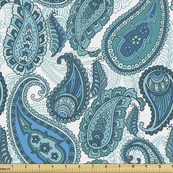 Ambesonne East Fabric by the Yard Upholstery, Antique Paisley Ethnic, 1 Yard, Pale Blue Teal and Aqua