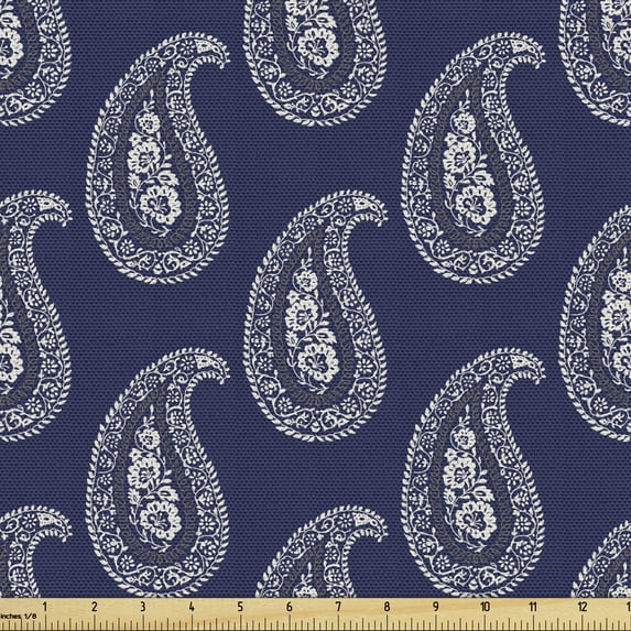Paisley Fabric by the Yard, Continuous Oriental Pattern with Floral Damask Monochrome Motif Graphic, Decorative Upholstery Fabric for Sofas and Home Accents, Indigo and Eggshell by Ambesonne