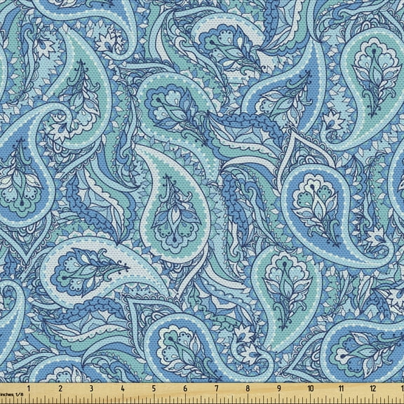 Ambesonne Paisley Fabric by the Yard Upholstery, Blue Tones Oriental Floral, 5 Yards, Multicolor