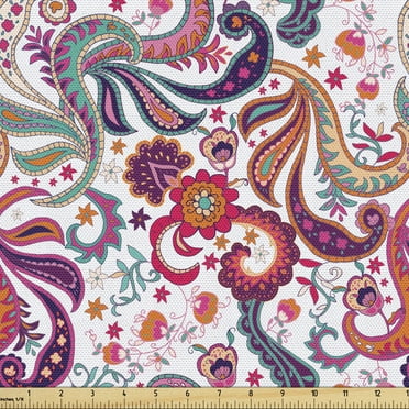 Ambesonne Paisley Fabric by the Yard Upholstery, Colorful Floral Petals Art, 2 Yards, Multicolor