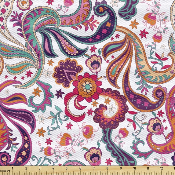 Ambesonne Paisley Fabric by the Yard Upholstery, Colorful Floral Petals Art, 5 Yards, Multicolor