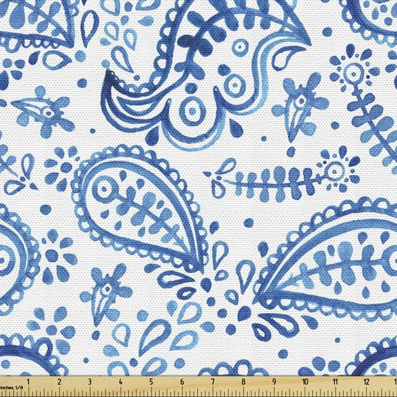 Paisley Fabric by the Yard, Hand Painting Look Ikat Style Vintage Eastern Floral Doodle in Watercolor Art, Decorative Upholstery Fabric for Chairs & Home Accents, 5 Yards, White Blue by Ambesonne