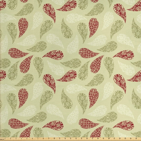 Ambesonne Paisley Fabric by the Yard Upholstery, Floral Leaf Pattern, 3 Yards, Red and Pale Green