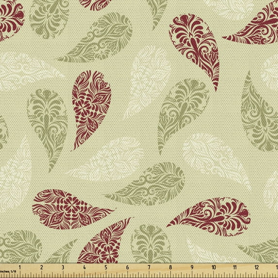 Ambesonne Paisley Fabric by the Yard Upholstery, Floral Leaf Pattern, 1 Yard, Red and Pale Green