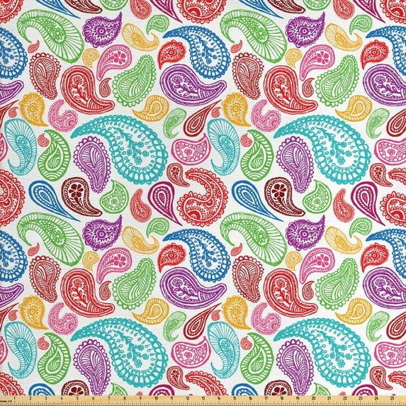 Paisley Fabric by the Yard, Modern Teardrop Shaped Striped Oriental Pattern with Flowers and Leaves Art, Decorative Upholstery Fabric for Chairs & Home Accents, Multicolor by Ambesonne