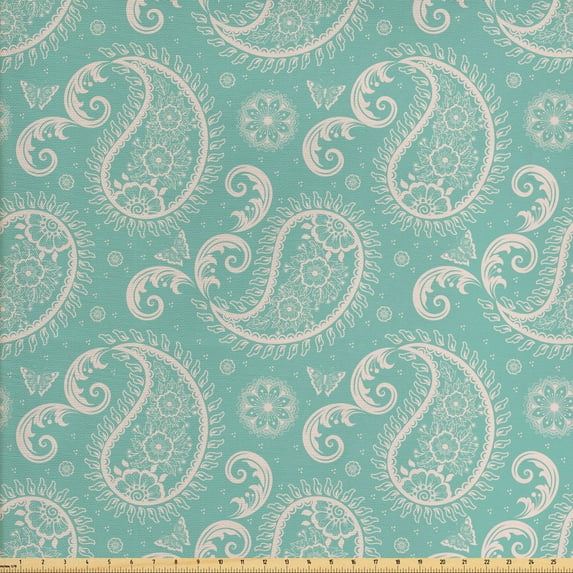 Ambesonne Paisley Fabric by the Yard Upholstery, Floral Oriental Butterflies, 2 Yards, Pale Teal Pale Tan