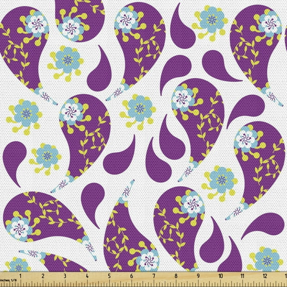 Ambesonne Paisley Fabric by the Yard Upholstery, Pastel Oriental Leaf Motifs, 1 Yard, Purple Aqua and Green