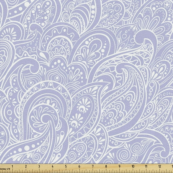Ambesonne Paisley Fabric by the Yard Upholstery, Flowers Leaves Sketch Art, 1 Yard, Pale Ceil Blue and White