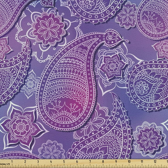 Ambesonne East Fabric by the Yard Upholstery, Doodle Purplish Paisley Motif, 2 Yards, Multicolor