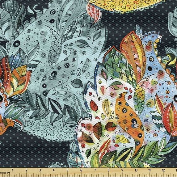 Ambesonne Paisley Fabric by the Yard Upholstery, Oriental Style Motifs, 3 Yards, Blue and Orange