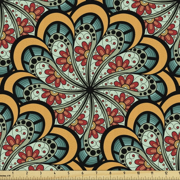 Ambesonne Paisley Fabric by the Yard Upholstery, Moroccan Wave, 2 Yards, Brown Green and Yellow