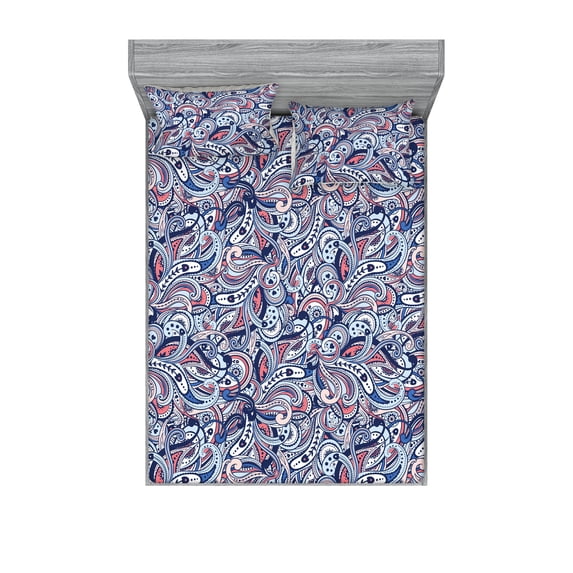 Paisley Fitted Sheet & Pillow Sham Set, Abstract Modern Colorful Design Ethnic Curvy Floral Pattern Print, Decorative Printed 3 Piece Bedding Decor, King, Coral and Pale Azure Blue, by Ambesonne