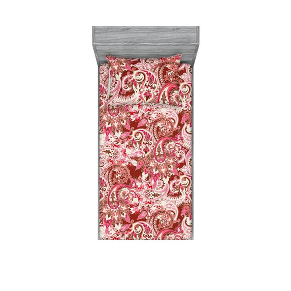 Paisley Fitted Sheet & Pillow Sham Set, Modern Colors Flowers Vintage Botany Inspirations Illustration Jumble, Decorative Printed 2 Piece Bedding Decor, Twinxl, Dark Coral Pastel Pink, by Ambesonne