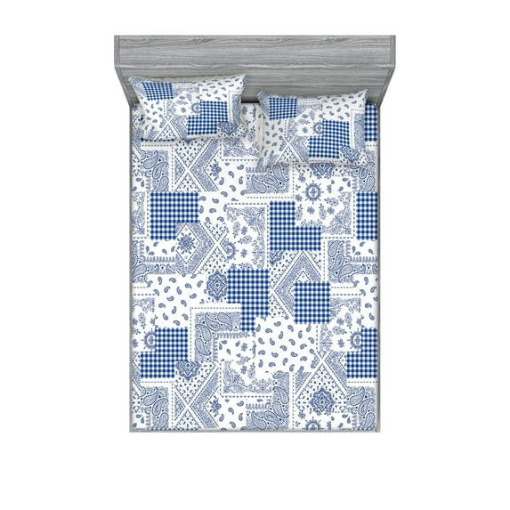 Paisley Fitted Sheet & Pillow Sham Set, Modern Oriental Vibes Floral Motifs with Geometric and Checkered Ornaments, Decorative Printed 3 Piece Bedding Decor, King, Dark Lavender White, by Ambesonne