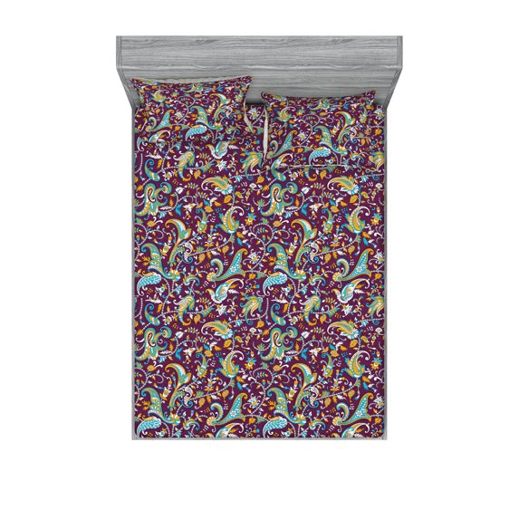 Paisley Fitted Sheet & Pillow Sham Set, Oriental Feels Modern Ethnic Floral Boho Motifs on Magenta Tone Back, Decorative Printed 3 Piece Bedding Decor, King, Eggplant Apricot Sky Blue, by Ambesonne