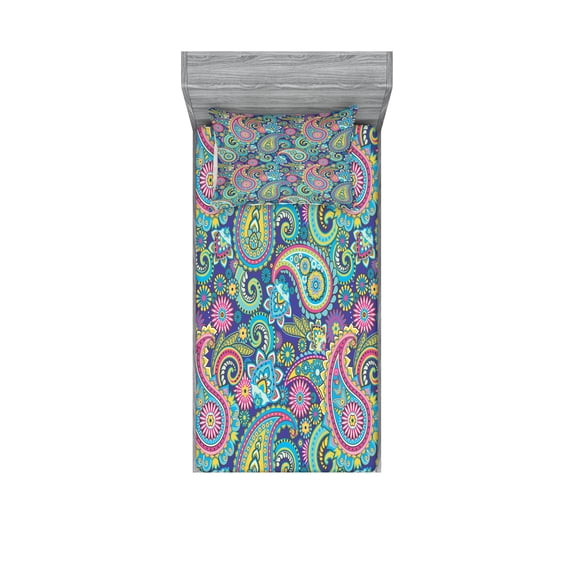 Paisley Fitted Sheet & Pillow Sham Set, Ornate Traditional Teardrop Elements Details in Bohemian Design Print, Decorative Printed 4 Piece Bedding Decor Set, Twin, Multicolor, by Ambesonne