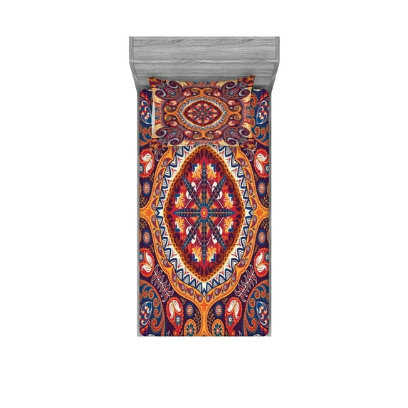 Paisley Fitted Sheet & Pillow Sham Set, Style Ornamental Rug Pattern Inspired Design with Flowers and Leaves, Decorative Printed 4 Piece Bedding Decor Set, Twin, Multicolor, by Ambesonne