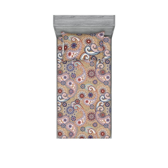 Paisley Fitted Sheet & Pillow Sham Set, Vintage Design of Oriental Botany Motifs Flowers Psychedelic Vibes Art, Decorative Printed 2 Piece Bedding Decor, Twinxl, Camel Pale Pink Seafoam, by Ambesonne