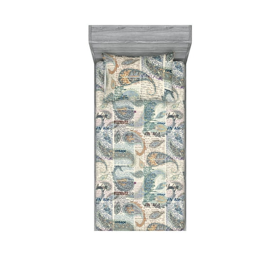 Paisley Fitted Sheet & Pillow Sham Set, Vintage Lettering with Whimsical Spots Ornament and Oriental Floral, Decorative Printed 2 Piece Bedding Decor, Twin, Cream Teal Burnt Orange, by Ambesonne