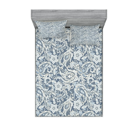 Paisley Fitted Sheet & Pillow Sham Set, Vintage Monochrome Folkloric Floral Art, Decorative Printed 6 Piece Bedding Decor Set, Queen, Blue Grey Purpleblue, by Ambesonne