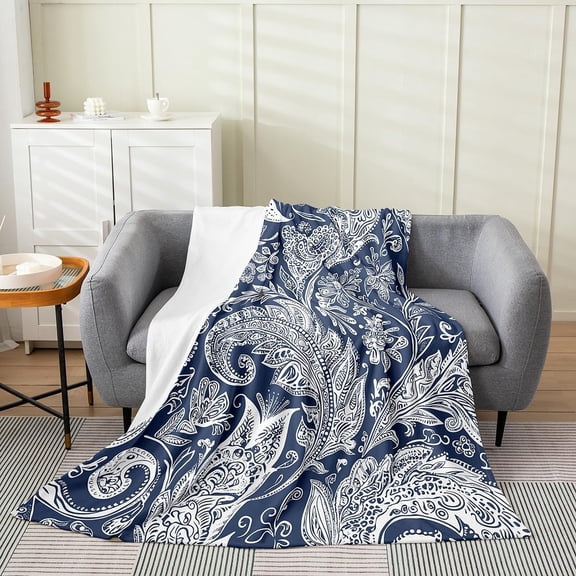 Paisley Flannel Blanket Plush Fuzzy Luxury Vintage Floral Fleece Throw Blanket Boho Plush Sofa Throw 70S Hippie Groovy Flowers Bohemian Throw 50"x60" Dark Blue for Bed Couch Chair Living Room