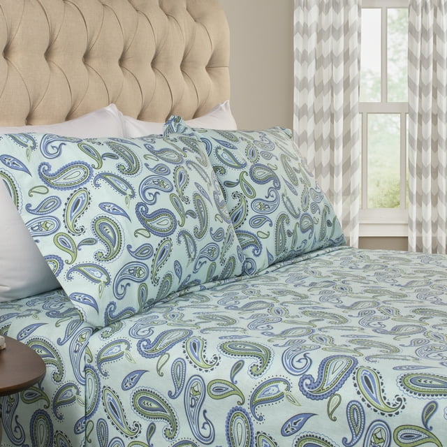 Paisley Flannel Light Blue Deep Pocket Twin XL Sheet Set by Blue Nile Mills