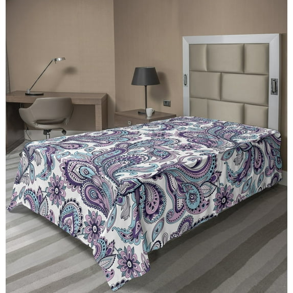 Paisley Flat Sheet, Blue and Purple Flowers Leaves Floral Pattern Bohemian Style Country Print, Soft Comfortable Top Sheet Decorative Bedding 1 Piece, Twin Size, Blue Purple, by Ambesonne