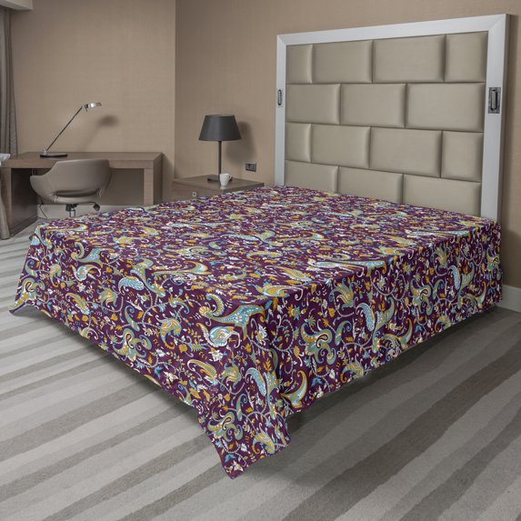 Ambesonne Paisley Flat Bedding Sheet Soft Top Sheet, Oriental Feels Ethnic Bloom, Full, Eggplant Apricot Sky Blue