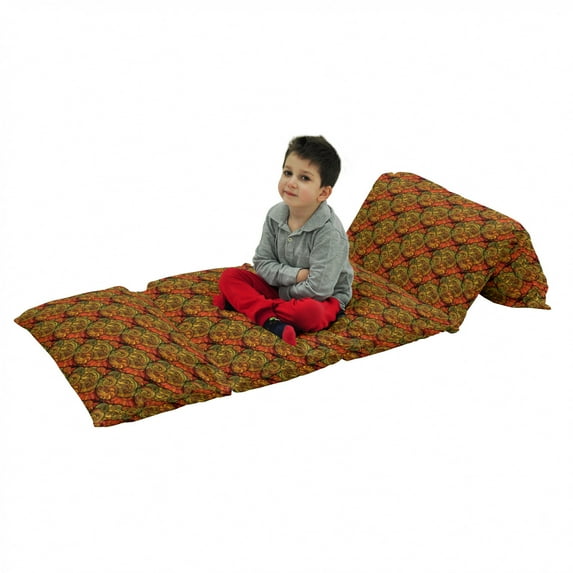 Paisley Floor Pillow Lounger Cover, Abstract Motif with Blooms with Contour Lines Picture, Nap Mat Printed Fabric Case for 5 Pillows, 88" x 27", Reseda Green Orange, by Ambesonne