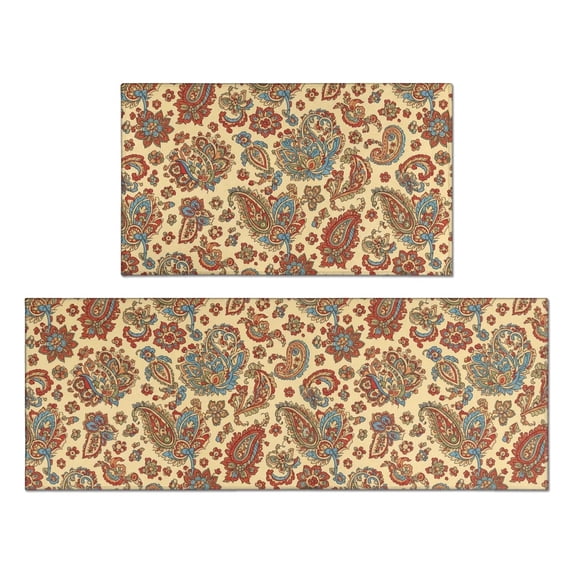 Paisley and Floral Beige Pattern Anti Fatigue Kitchen Rugs Set Of 2, Non Slip Washable Decorative Floor Mats for Kitchen Sink Laundry, 17"x30" and 17"x47"
