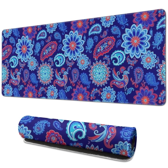 Paisley and Floral Blue Pattern Extended Large Mouse Pad, Desk Protector Mat with Non Slip Base & Stitched Edges, Thick Padded Gifts for Birthday Christmas Thanksgiving,31.5"x11.8"