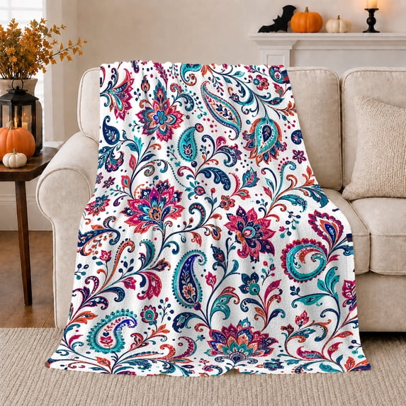 Colorful Paisley With Ornamental Flowers, Vibrant Ornamental Art for Paisley Pattern Enthusiasts, Housewarming Gift, Cozy Flannel Blanket with Home Decor for Living Room and Bedroom