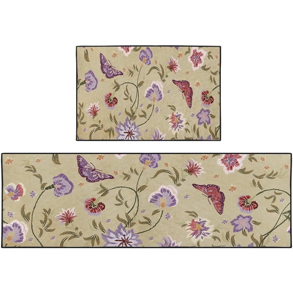 Paisley Floral Kitchen Rugs and Mats Non Skid Washable Set of 2, Vintage Ethnic Flower Kitchen Floor Mats, Abstract Kitchen Runner Rug, Purple Kitchen Decor